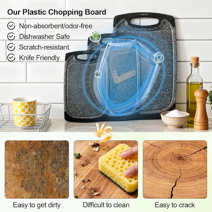 Viretang Plastic Cutting Boards Set of 3,BPA Free,Dishwasher Safe | Thick Chopping Boards for Kitchen with Deep Juice Grooves, Non‑Slip Feet, Easy Grip Handle, Grinding Area, Black