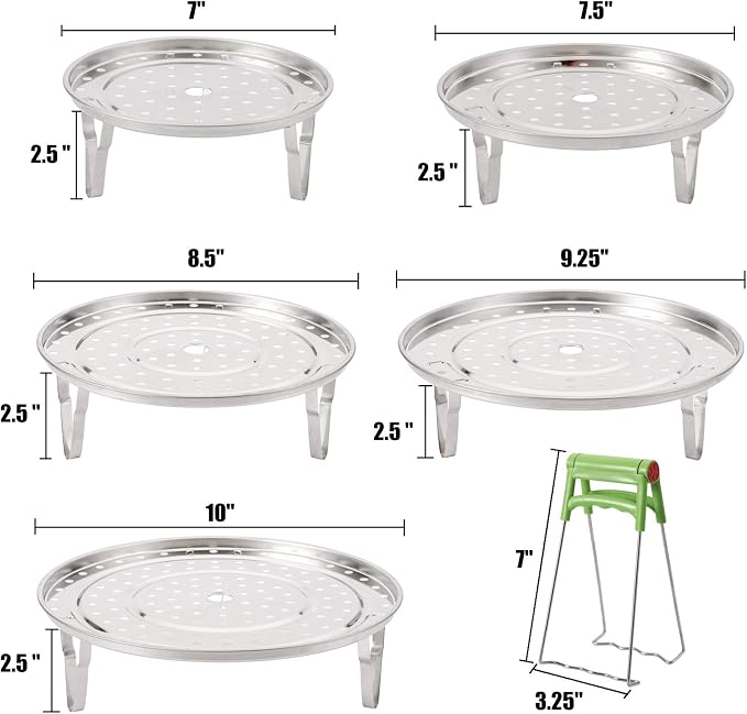 Yesland 5 Sizes 304 Stainless Steel Steamer Rack, Pressure Cooker Canner Rack & Cooling Rack with Detachable Legs, Round Pot Steaming Tray for Baking Cooking Steaming(7'' 7.5'' 8.5'' 9.25'' 10'')