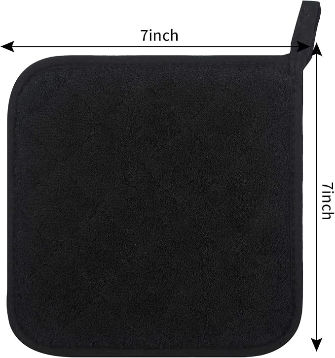 Pot Holders for Kitchen, 100% Cotton Terry Pot Holder Set of 5, Heat Resistant Hot Pads for Cooking, Baking, Hot Dishes and Countertop Protection,Black