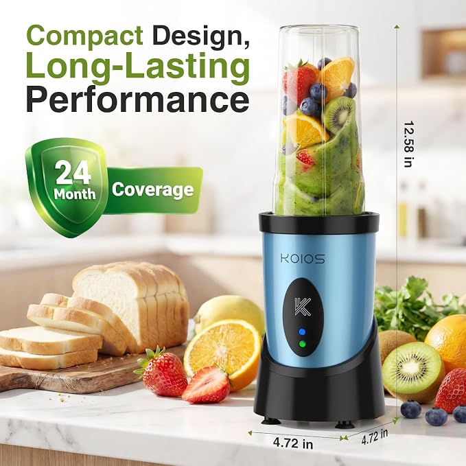 KOIOS Smoothie Blender Kitchen, 900W Personal Blender with 3 To-Go Cups | (2) 23oz & 16oz Cups, Blend Smoothies Shakes Juices Frozen Drinks, Dishwasher Safe Part, Twist-Lock, 14Pcs, Recipe, Sky Blue