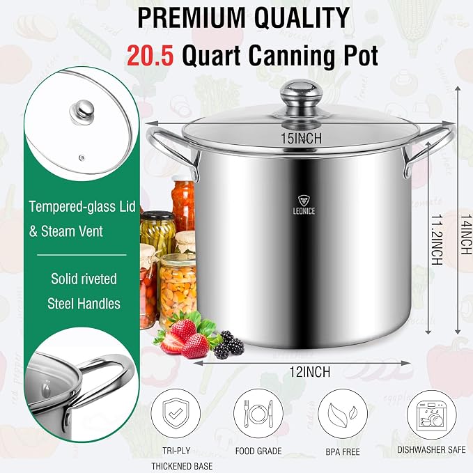 LEONICE Canning Supplies Starter Kit,Water Bath Canning Pot with Rack & Lid | Food-Grade Stainless Steel Canner Kit,3-PLY Bottom 20.5Qt Canner Compatible with All Stovetops,Canning Starter Kit Full Set