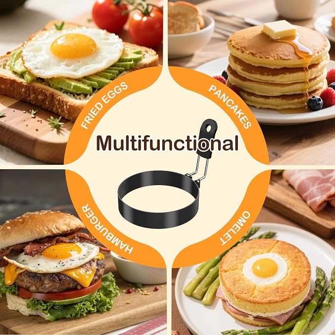 NileHome 3.5" Nonstick Egg Rings Set of 4,Black | BPA-free,Dishwasher safe,Foldable Handle,Perfect Food Shaping,Ideal for Making Hamburgers, Fried Eggs, English Muffins