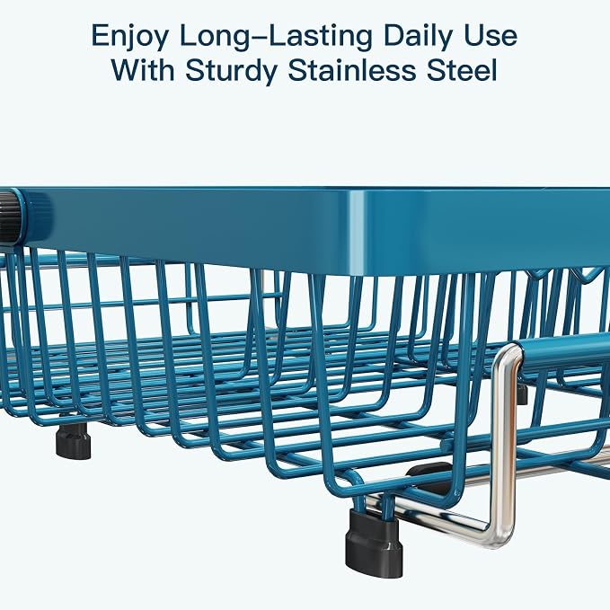 Blue Dish Drying Rack Over The Sink with Utensil Holder | Expandable Stainless Steel Dish Drainer for Small Kitchen, Apartment, RV, Counter Space Saving, Perfect Fit, Rustproof