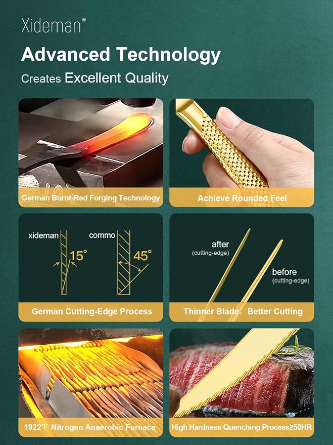 16-Piece Luxury Gold Hammered 18/10 Stainless Steel Silverware Set | Ultra Sharp 2-IN-1 Serrated Knives, Premium Titanium Coating, Non-Slip Handle, Service for 4, Rust Resistant, Dishwasher Safe