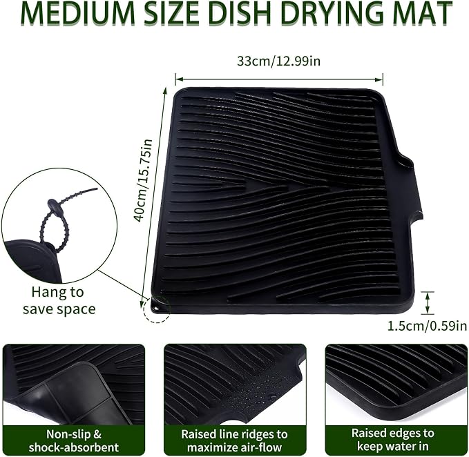 Silicone Dish Drying Mat for Kitchen Counter, 16" x 13" Black-1pcs | Heat Resistant & Non-Slip Dish Drain Pad with Built-In Drain, Quick-Dry, Hangable & Roll-Up for Storage，Multi-Functional Use