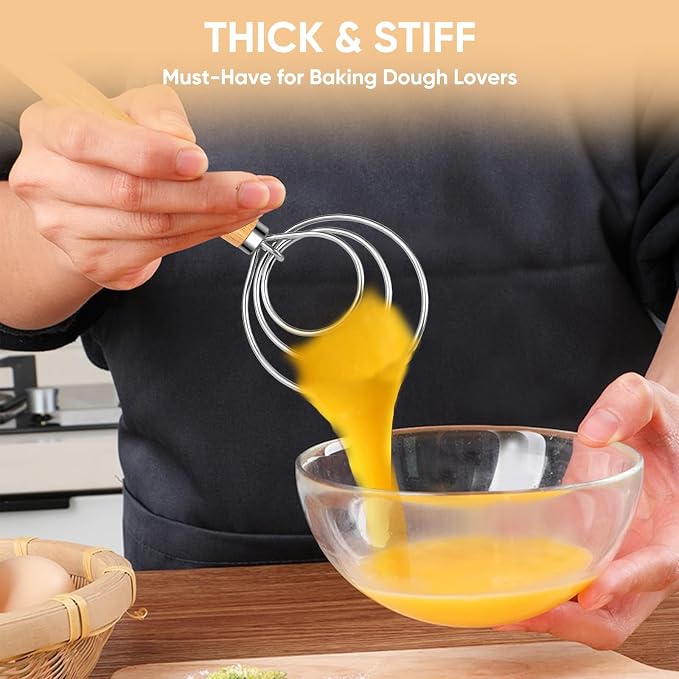 Maxjoy Danish Dough Whisk, Stainless Steel Wooden Bread Tool for Sourdough | Wooden Handle Dutch Dough Hook, Replaces Mixer and Spoon for Sourdough Pastry Pizza, Food Safe, Rust Resistant, Easy Clean