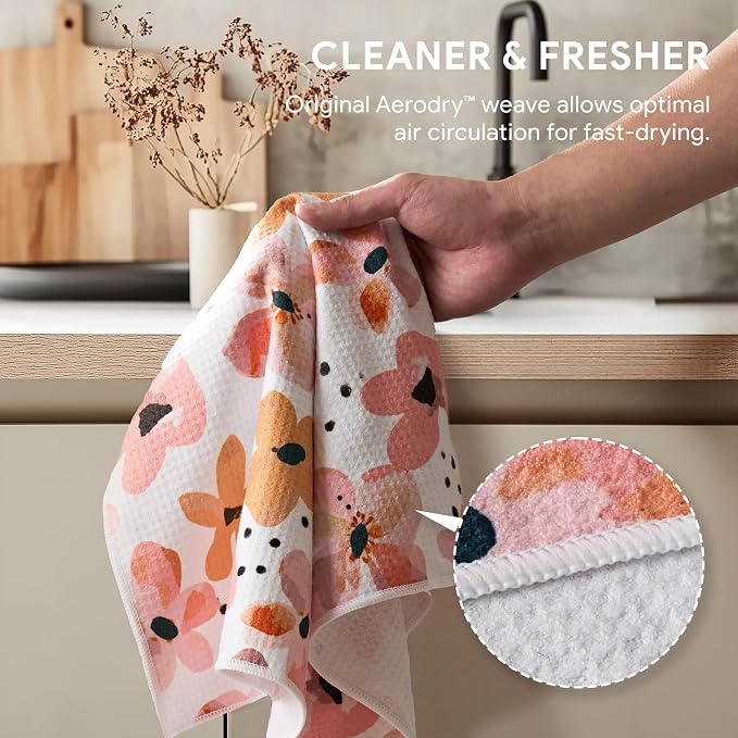 RECYCO Waffle Kitchen Towel Set of 2 - Quick Dry Microfiber Sustainable Dish Towels - Ultra Absorbent Reusable Cleaning Tea Towels - Lightweight Hand Towels,16”x 28”, Blossom Breeze