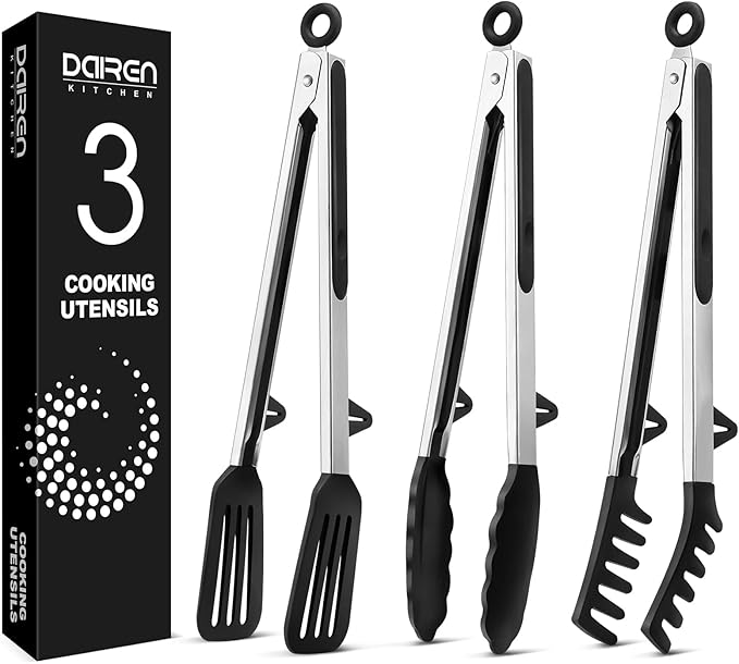 Kitchen Tongs for Cooking, Non Scratch Silicone Tip for Nonstick Cooking Pans, Food Grade Mini Serving Tongs, Pull Lock, Set of 3 (Black, 12 inch)
