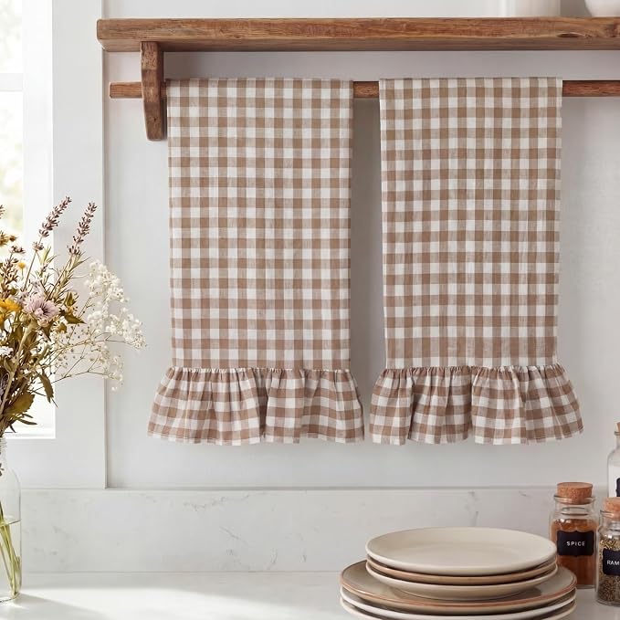 HunnmingRe 2 Pcs Taupe Gingham Kitchen Towels Cotton Ruffled | Checked Dish Towels 18"x28" Tea Cloths Plaid Cottage Core Kitchen Decor for Farmhouse Charm Drying Dishes Entertaining Guests