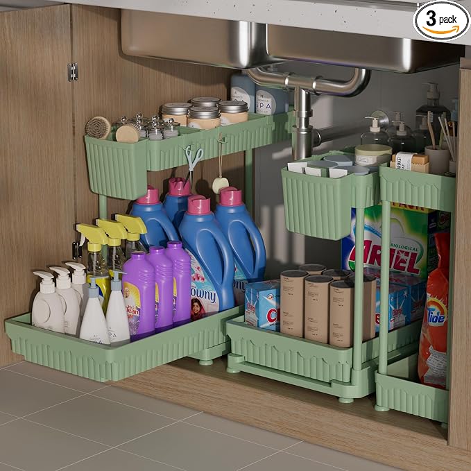 3-Pack 2-Tier L-Shaped Under Sink Organizers with Sliding Drawers | Multi-use kitchen & bathroom storage, 12.85 inch green cabinet organizer, space-saving sliding drawer design.