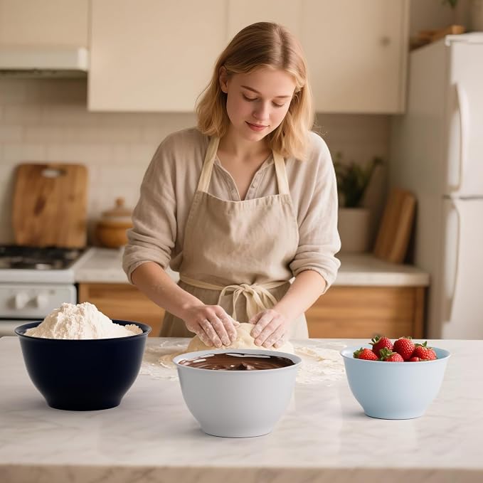 TP Melamine Mixing Bowl Set with Lids, Salad Bowl Set of 3, Blue&White | Nesting Design,Break-resistant,Pasta & Salad Prep, Baking Prep, Space-saving Storage, Freezer Safe, Dishwasher Safe