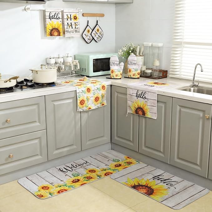 Fourluoo 10 Pcs Farmhouse Sunflower Kitchen Decor Set Sunflower Kitchen Towels and Rugs Oven Mitts Pot Holders for Cooking Baking Grilling Gift