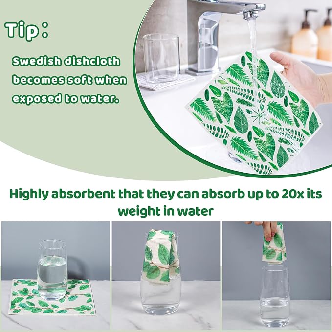 Needbrock 6 Pack Swedish Dishcloths for Kitchen, Swedish Rags | Absorbent Green Leaf Dish Cloths with Adhesive Clips, Reusable Paper Towels No Odor for Countertop Dishes Cleaning