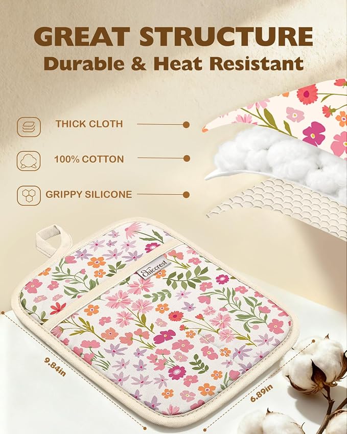 100% Cotton Pot Holders Textured Soft Silicone Grip Pink Floral | Stylish Pot Holders 2pcs, Machine Washable Non-Slip Heat Resistant Hot Pads & Oven Mitts 2-in-1, Practical Kitchen Decor