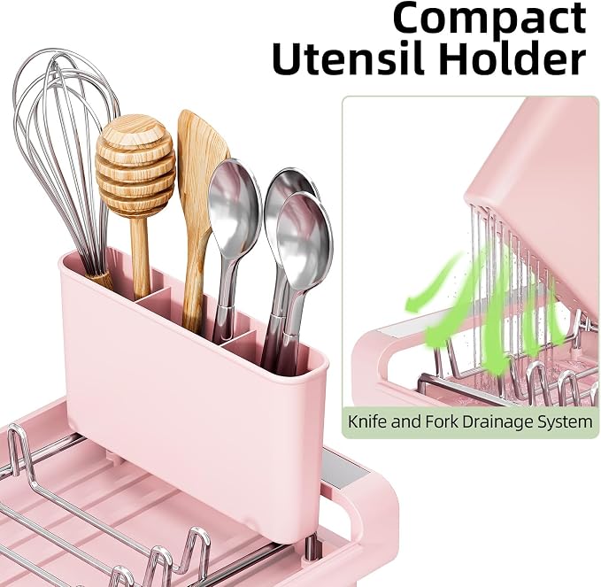 TOOLF Small Dish Drying Rack, Expandable and Space-Saving, Pink | Mini Dish racks for kitchen counter, Compact Design Fits Sink or Counter, Stainless Steel Plate Rack, 11"-19.3"L×7.7"W×3.54"H