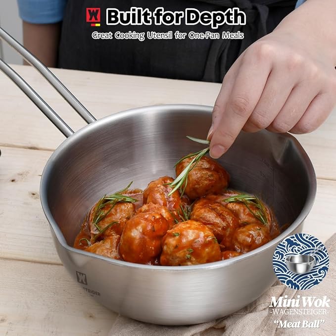 WAGENSTEIGER Mini Wok 200mm Stainless Steel, 3-Ply Aluminum Core Base, Induction Compatible Small Wok Pan, Ramen Pot for Camping & Outdoor Cooking