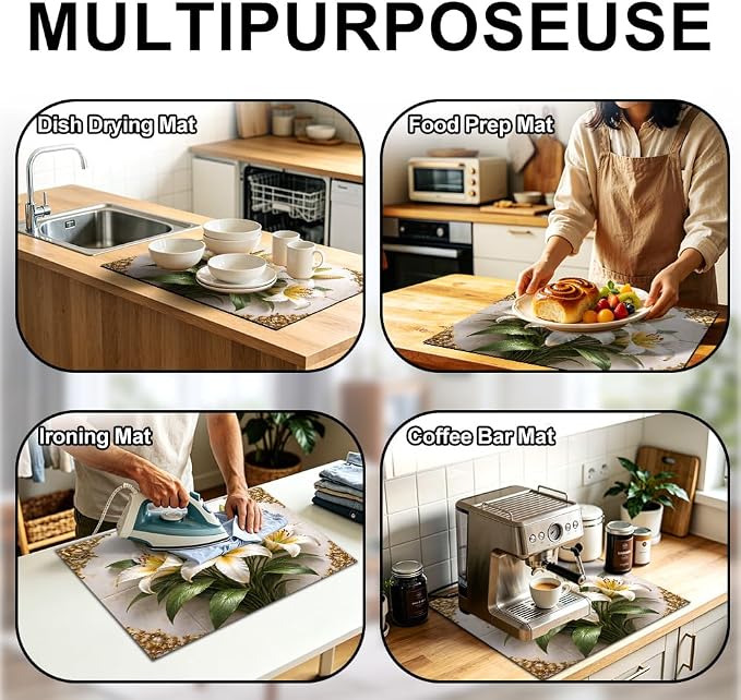 White Lily Bouquet Gold Baroque Stove Top Cover 28.35x20.47in | White lily bouquet gold baroque stove top cover 28.35x20.47 in; elegant floral cooktop mat dishwasher safe machine washable