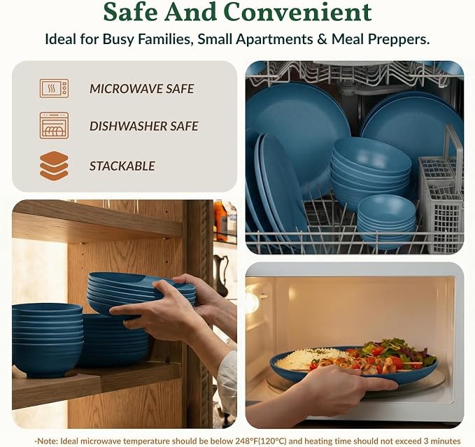 Wheat Straw Dinnerware Sets for 8, 40 Pcs Unbreakable Plates and Bowls Sets, Microwave Dishwasher Safe Dish Set, Reusable Plastic Dishes for Kitchen, Camping, Deep Plates for Salad (Blue)