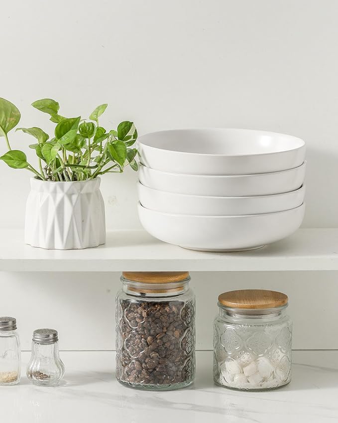 Pasta Bowls Set of 2, 34 oz Deep Salad Bowls, Stoneware Bowl Plates for Pasta, Soup, Salad, Ceramic Serving Shallow Bowls for Kitchen Gift, Microwave & Dishwasher Safe, Matte White