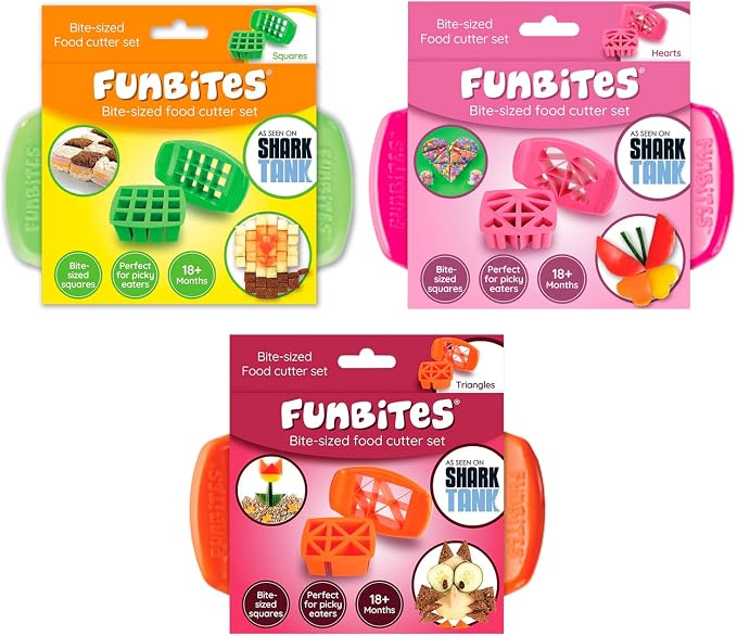 Sandwich Cutter for Kids Lunch, Crustless Bento 2-Pc Set, 3 Pack | Squares, Hearts & Triangles food cutter for toddlers, bite-size shapes, bento lunch accessory, BPA-free, dishwasher safe