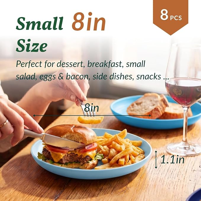 Dessert Plates Set of 8-8 inch Plate Set Wheat Straw Plates for Kitchen Unbreakable Plate for Dessert, Appetizer,Pancakes, Microwave & Dishwasher Safe Kitchen Essentials(Blue Series)