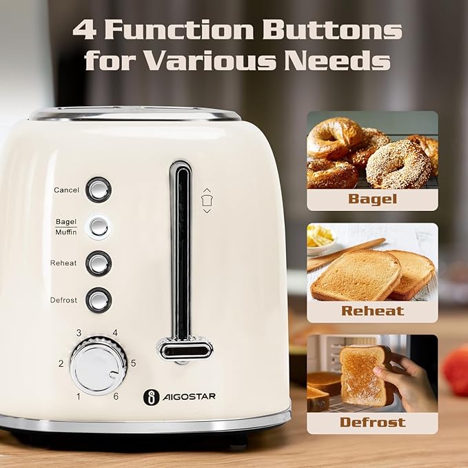 Aigostar Toaster 2 Slice, Retro Extra-Wide Slot, Cream White | Best Rated Prime, For Toasting Bagels, Breads, Waffles & More, Cancel, Defrost & 6 Browning, Removable Crumb Tray