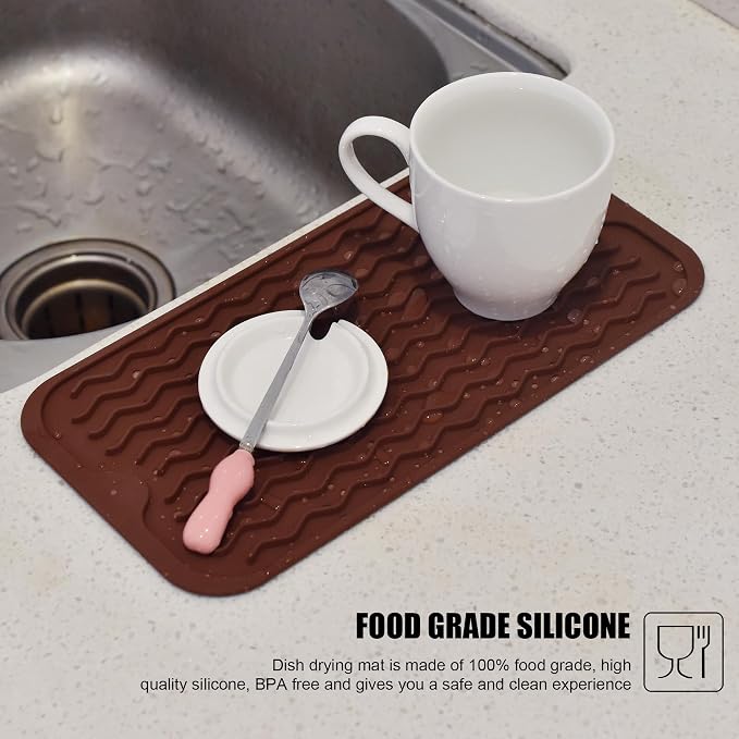 Silicone Dish Drying Mat, Non-Slip Easy Clean Sink Mat, Coffee, 12" x 6" | Quick-Dry Ridges, Hangable & Roll-Up for Storage, Dishwasher Safe