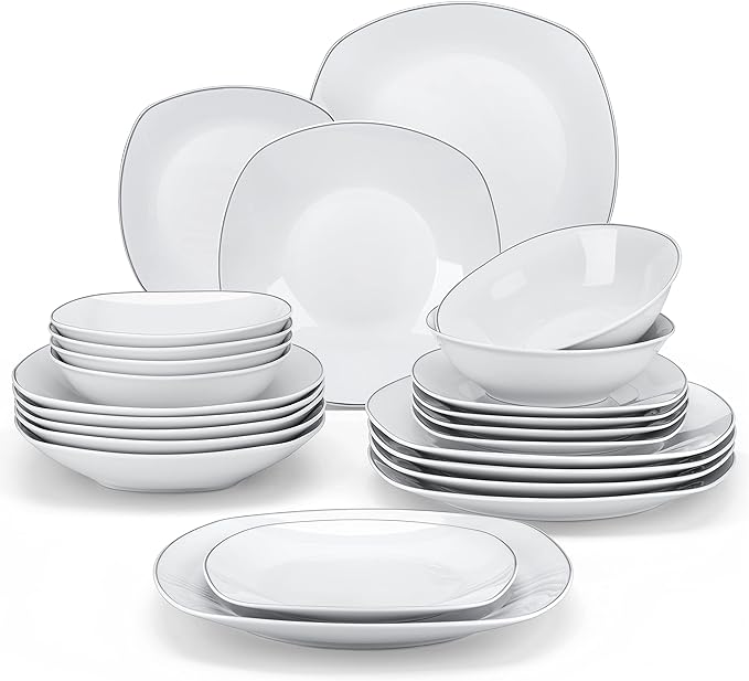 MALACASA Dinnerware Sets, 24 Piece Porcelain Square Dishes, White with Silver Rim Plates and Bowls Sets, Ceramic Dish Set for 6, Chip Resistant Dishware Sets, Series ELISA | White Ceramic Plates and Bowls Sets for Serving, Chip Resistant, Microwave & D...