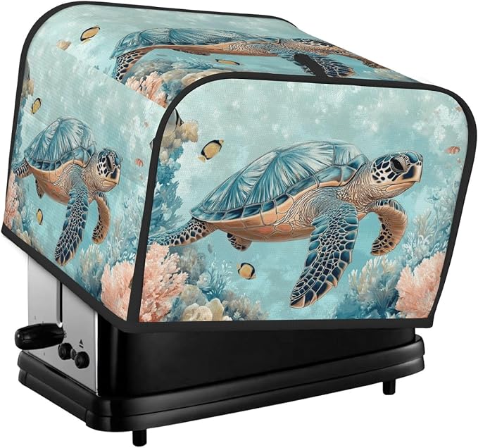 4 Slice Toaster Cover Turtle Sea Coral Ocean Dust Proof Washable Kitchen Appliance Cover with Pocket, Oxford Fabric Countertop Toaster Protector for Standard Toasters Small Appliances
