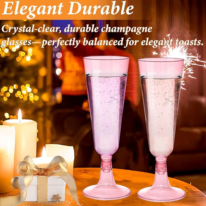 GuanQiao 100 Pack Pink Plastic Champagne Flutes, 5.5 Oz Clear Disposable Plastic Champagne Glasses, Wine Glasses Cups for Wedding Celebration Birthday Party Wine Tasting New Years Eve Party Supplies