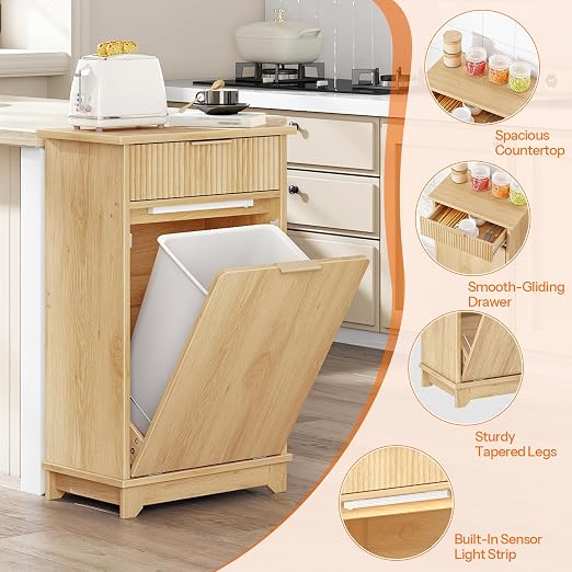 HOOBRO 10 Gallon Tilt-Out Trash Can Cabinet, Hidden Garbage Bin Storage with Drawer and Flip-Down Door with Sensor Light Strip, Dog Proof Trash Can for Kitchen Living Room, Natural NL06DLJ01