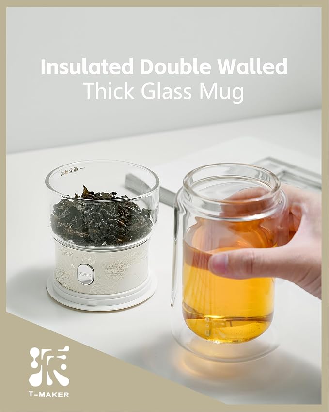 ZENS Glass Tea Infuser Pot, Modern One Touch Tea Maker for Tea Steeping | Loose Tea Diffusers, Magic Tea Pot with 9oz Insulated Mug and Portable Bag for Tea Lovers Gifts, Dragon