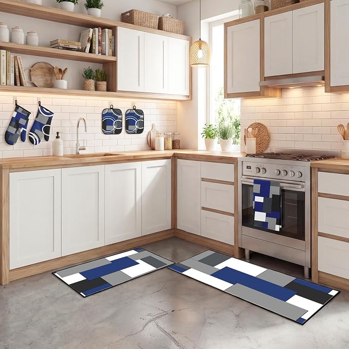 10 Pcs Kitchen Decor and Accessories Set, Navy Housewarming | Blue 4 Dish Towels Kitchen Rugs 2 Oven Mitts 2 Pot Holders, Home Decor for Cooking Baking BBQ Gifts Women Mom Housewarming