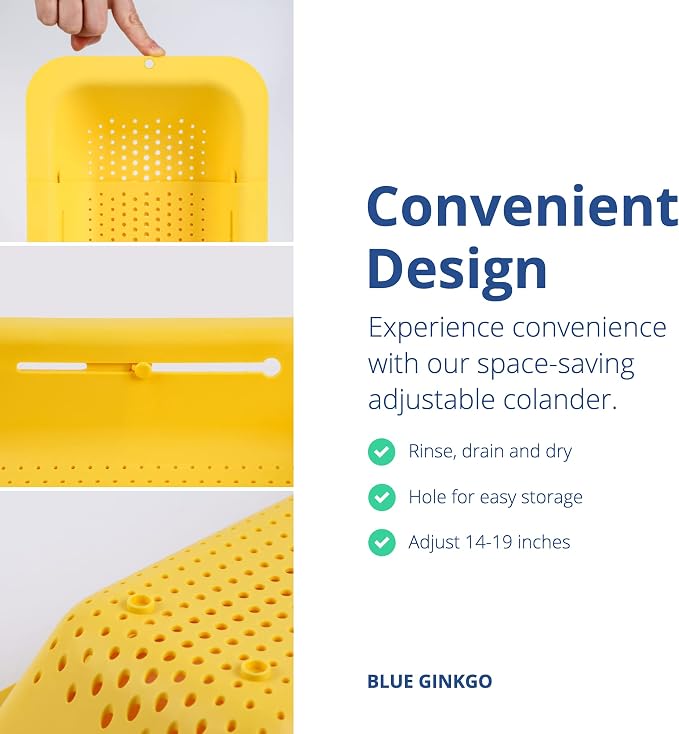 Blue Ginkgo Over Sink Colander, Extendable Kitchen Strainer, Yellow | Fits Most Sinks. Rinse, Drain and Dry with Ease.