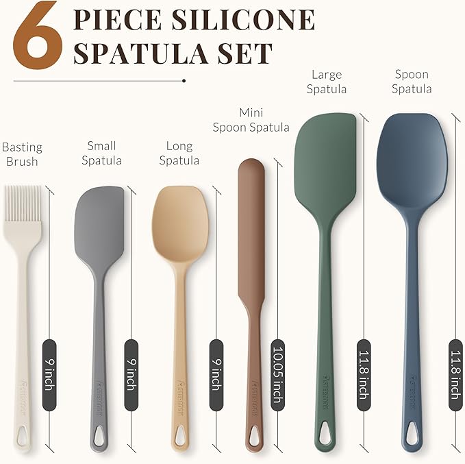 Astercook 6-Piece Silicone Spatula Set, 560°F Heat Resistant Rubber Spatulas with Stainless Steel Core, Nonstick Safe & Dishwasher Safe Baking Spatula Set for Cooking & Mixing, Morandi Earth Colors