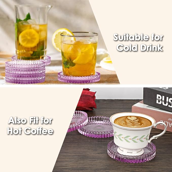 Modern Clear Coaster Set of 5- Glass Coasters for Drinks, Clear Purple | Crystal Coasters Round Cup Mat Coffee Table Decor for Office, Kitchen, Bar, Dining Room, Living Room, Patio