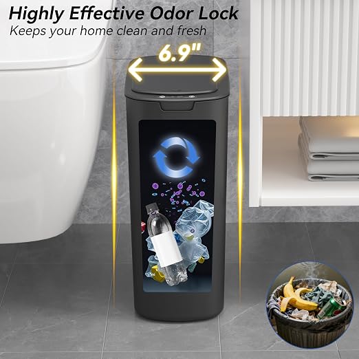 FRESHLIX 5 Gallon Bathroom Automatic Trash Can with Lid, Motion Sensor Touchless Trash Bin,Smart Electric Slim Waterproof Garbage Bin for Toilet, Office, Kitchen, Bedroom, Living Room (Black)