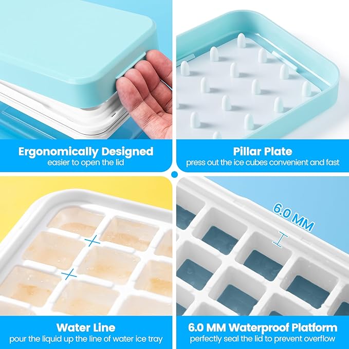 Ice Cube Tray with Lid and Bin, Easy Release 56 Cubes for Freezer | Food-grade BPA-free PP and ABS. Ice cubes for fruit, cocktails, iced coffee. Space-saving stackable with scoop
