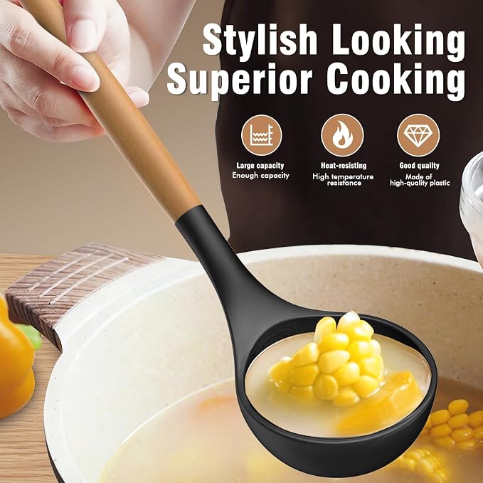 Silicone Cooking Utensils Set - AVGPD Silicone Kitchen Utensils for Cooking Wooden Handles, 446°F Heat Resistant Kitchen Utensil Spatula Sets, Gadgets for Non-Stick Cookware BPA FREE (Black)