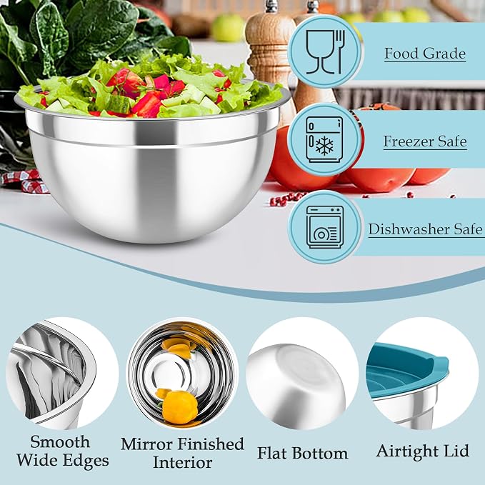 TeamFar Mixing Bowls, Stainless Steel Nesting Salad Bowls Set | Mixing Bowls with Lids & 3 Grater Attachments, For Mixing/Serving/Storing, Non-toxic & Long-lasting, 4.6/3/1.5 QT, Navy Blue