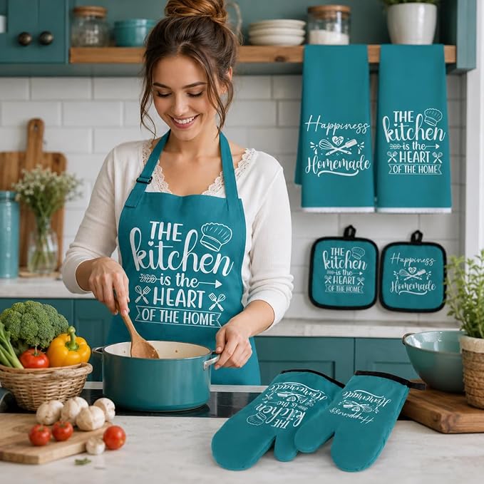 Sratte 6 Pcs Kitchen Decor Accessories Set, Kitchen, Teal | Farmhouse Kitchen Towels Pot Holders Oven Mitts Set 2 Dish Towels 2 Potholders 2 Cooking Mittens for Baking Cooking Supply