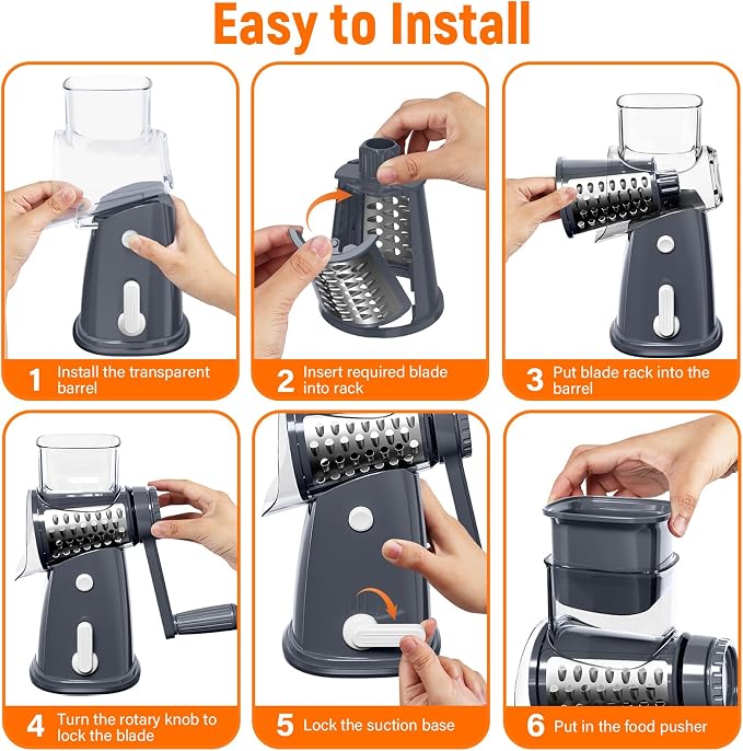Rotary Cheese Grater Hand Crank with 5 Interchangeable Blades, Vegetable Slicer Chopper for Fruit Vegetable Nuts, Mandoline Slicer for Kitchen with Blades Rack & Suction Base, Grey