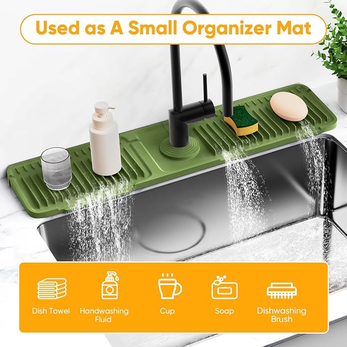 24'' Longer Faucet Mat for Kitchen Sink Splash Guard[7° Slope Fast Self-draining][Snap Lock Fit]Kitchen Sink Faucet Mat Splash Guard Kitchen Sink Area Water Splash Guard Behind Faucet Draining Mat