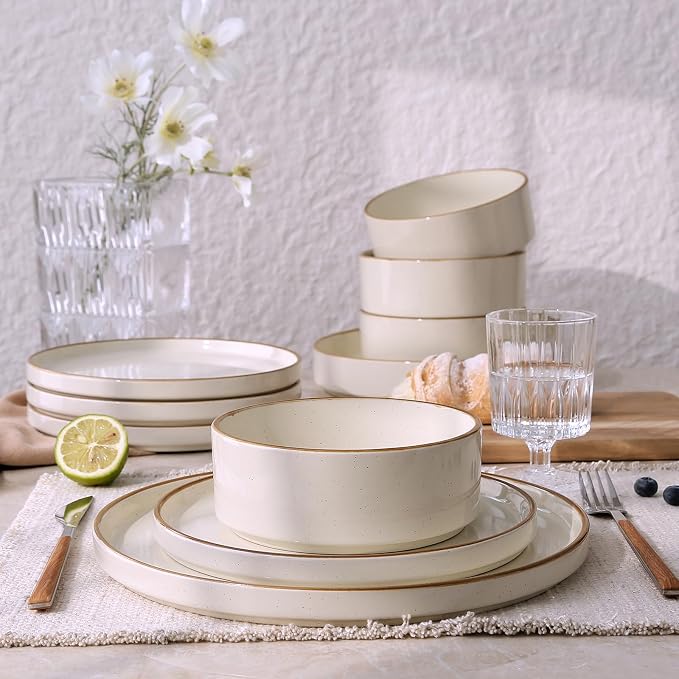 Famiware Nebula 18-Piece Dinnerware Set, Vanilla White with Brown Rim | Stoneware Dish Set for 6, Plates and Bowls, Microwave and Dishwasher Safe, Chip and Scratch Resistant
