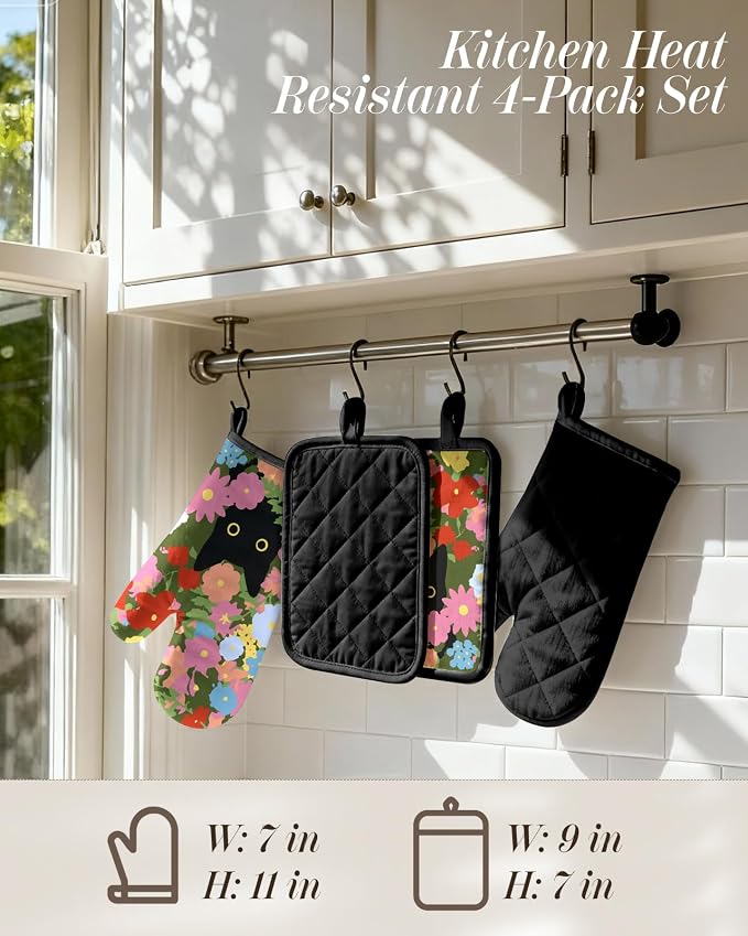 Miss Adola Cotton Oven Mitts and Pot Holders Sets, Floral Feline | Heat-resistant up to 350°F, Pure Cotton, Quilted Contact Surface, Stylish Design, with Hanging Loop, Ready to Gift Package