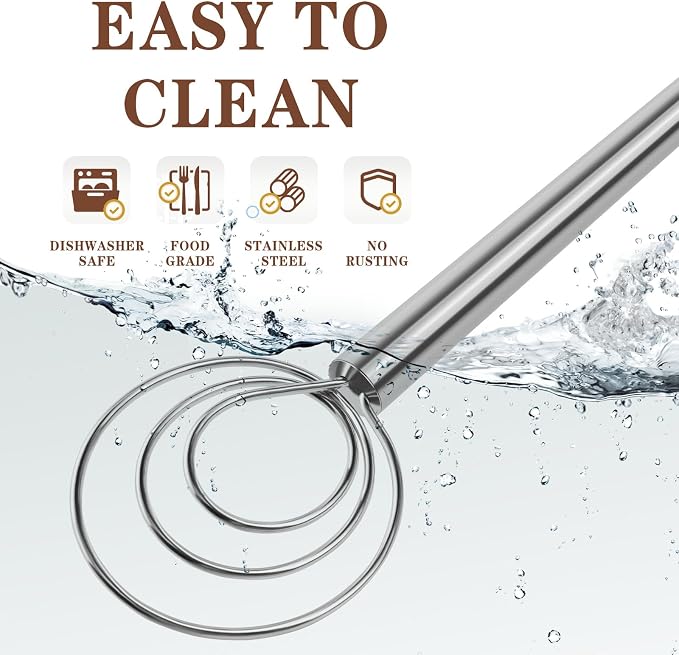 TEEVEA Danish Dough Whisk Stainless Steel for Sourdough Bread | Dutch Dough Hook, Replaces Hand Mixer and Spoon, Bread Baking Tool, Food Grade Rust Resistant Steel, Non-Stick, Easy to Clean