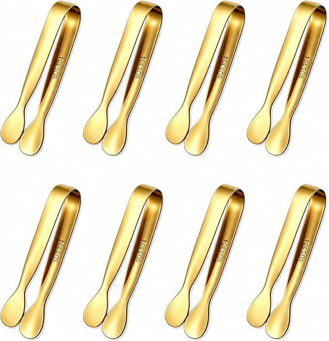 Mini Serving Tongs Set of 8, 4.25" Gold Stainless Steel Spoon Design | Perfect for Sugar Cubes, Charcuterie, Tea Parties, Dessert Bars, Candy Buffets. Elegant Multi-Station Serving for Events
