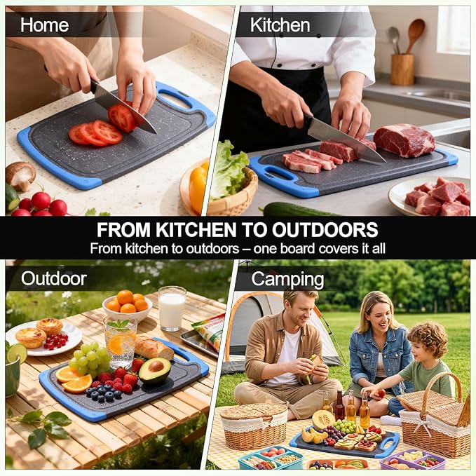 Viretang Non Slip Cutting Board Set For Kitchen, 3 Pieces, Dishwasher Safe | Blue Plastic Chopping Boards with Juice Grooves, Easy Grip Handle,Grinding Area for Grinding Garlic and Ginger,Non BPA