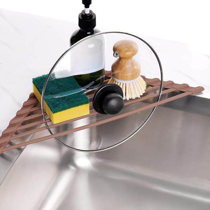 Tomorotec Triangle Roll Up Dish Drying Rack with Silicone Coating, Brown | 304 Stainless Steel with BPA-Free Silicone, Triangle Design Maximizes Sink Corner Space, Fits Compact Kitchens And RVs