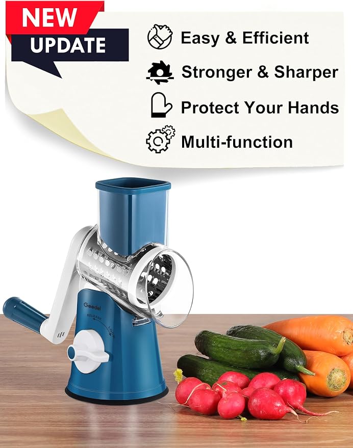 Geedel Rotary Cheese Grater Hand Crank, Cheese Shredder Vegetable Slicer | 5 Blades, 430 Stainless Steel, 12x Fast Cutting, Strong Suction Base, No BPA, Dishwasher Safe, for Cheese, Veggie, Nut